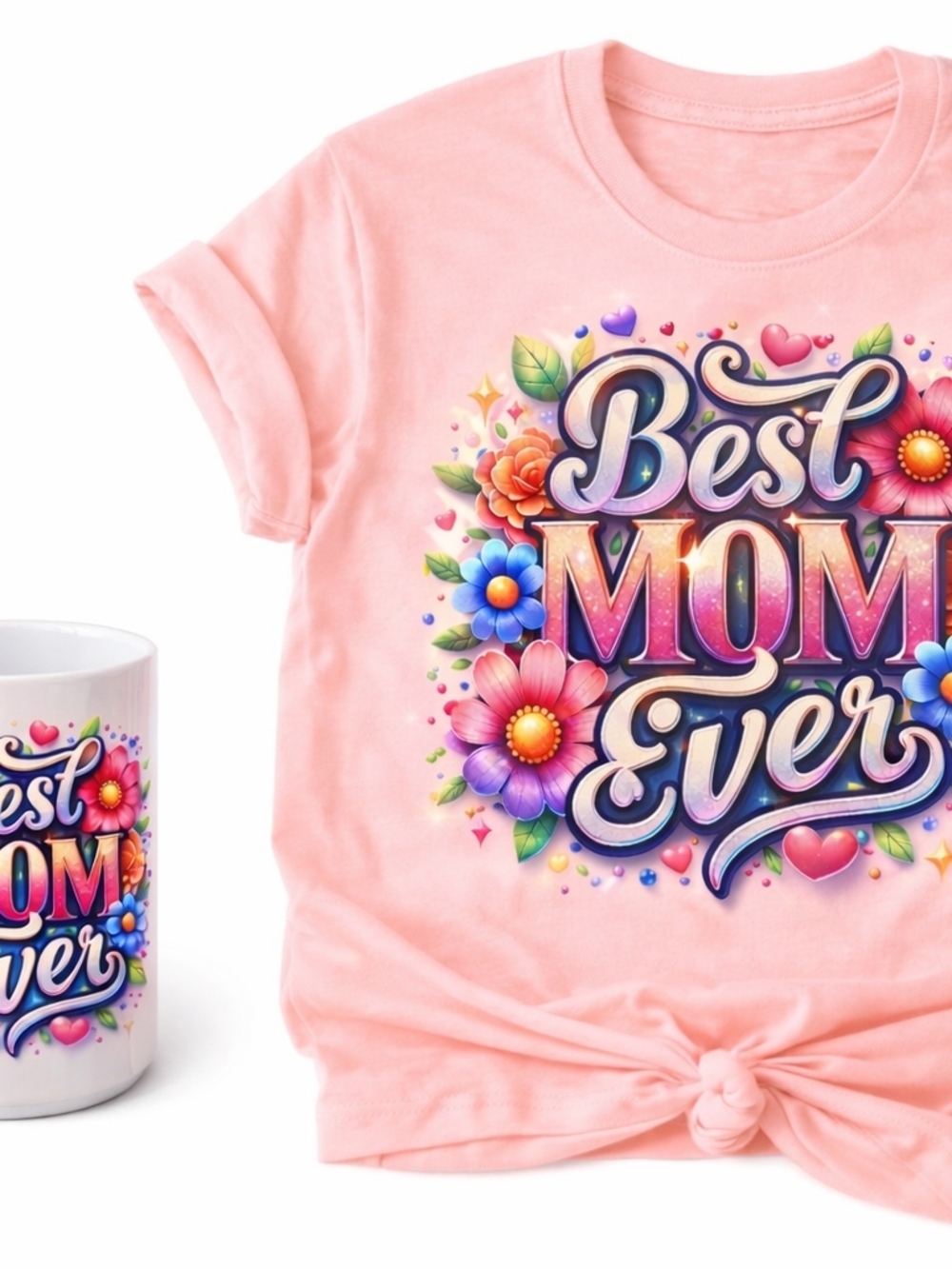 ✨ Best Mom Ever — Floral Graphic Tee + Matching Mug Set | Size M